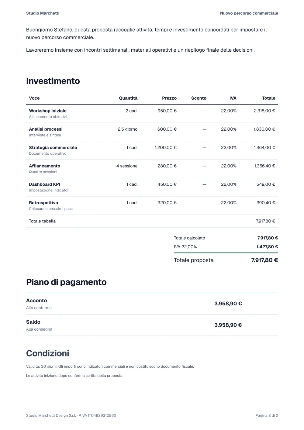 Seconda pagina con saluto, tabella dell’investimento, totali con IVA, piano di pagamento in due rate e condizioni.